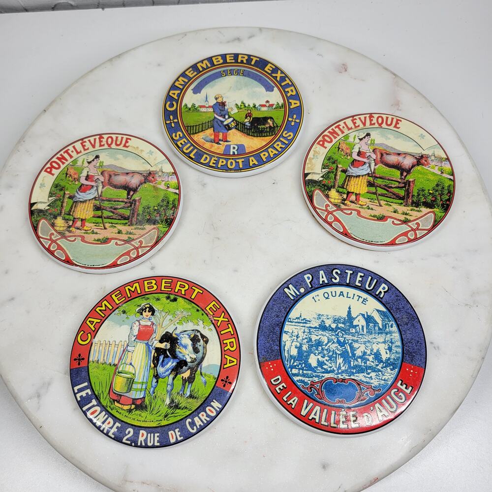 Mikasa Fromage WC301 Coasters Set of 5 French Cheese Label Ceramic Cork Back